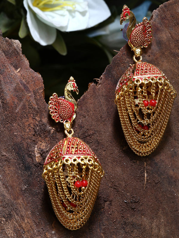 Women's Gold Plated & Red Peacock Shaped Enamelled Jhumkas - Anikas Creation