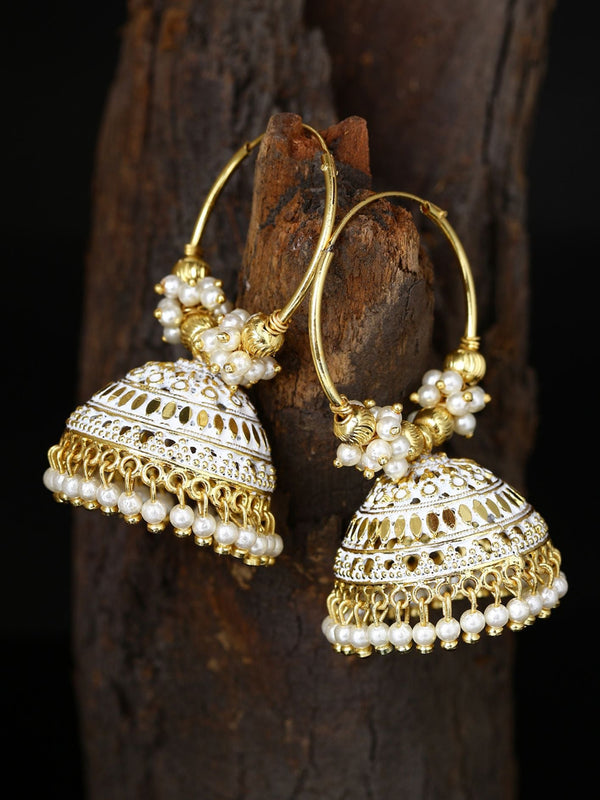 Women's White & Gold-Plated Enamelled Dome Shaped Jhumkas - Anikas Creation