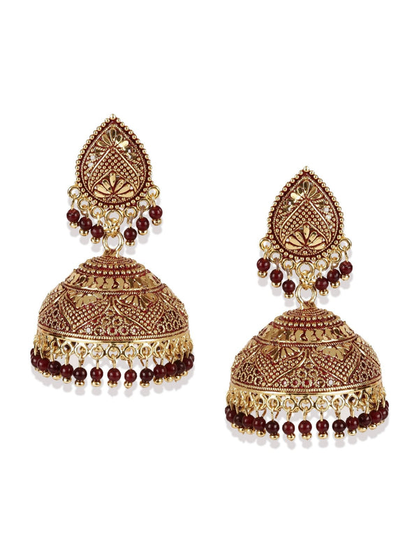 Women's Gold Plated & Maroon Dome Shaped Enamelled Jhumkas - Anikas Creation