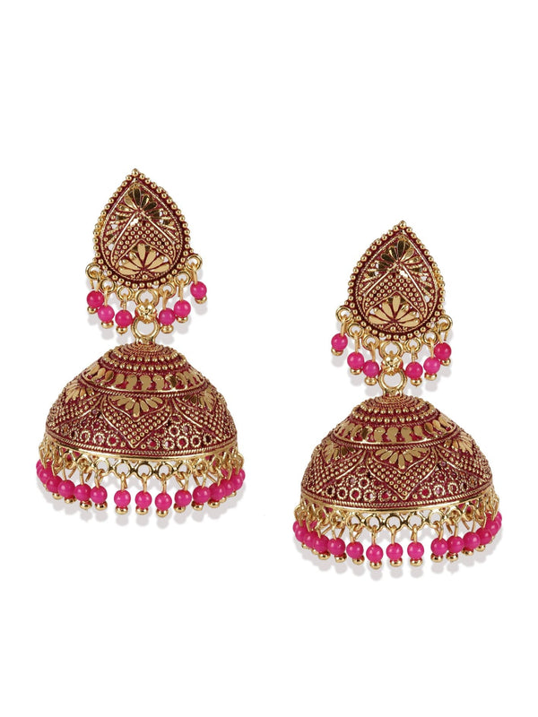 Women's Gold Plated & Pink Enamelled Dome Shaped Jhumkas - Anikas Creation