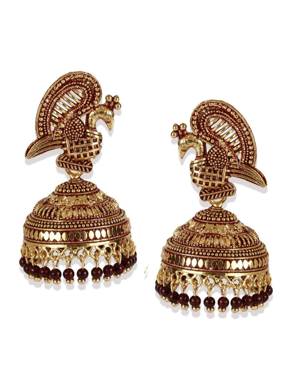 Women's Gold Plated & Maroon Enamelled Peacock Shaped Jhumkas - Anikas Creation