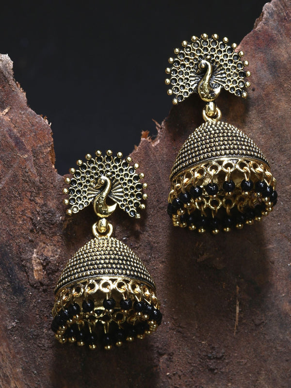 Women's Gold Plated & Black Enamelled Peacock Shaped Jhumkas - Anikas Creation