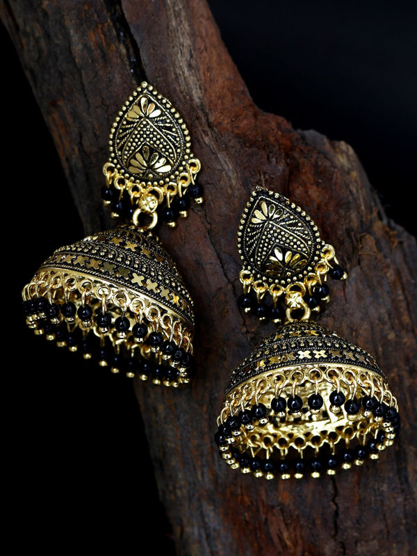 Women's Gold Plated & Black Dome Shaped Enamelled Jhumkas - Anikas Creation