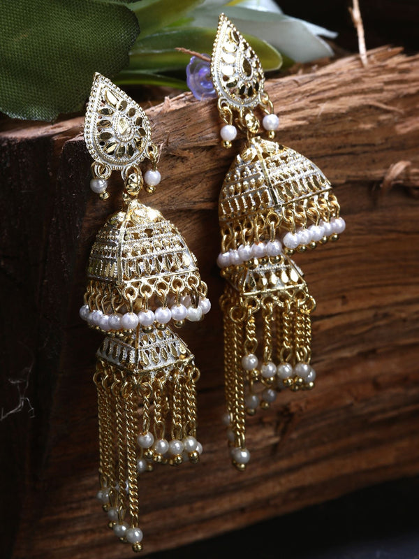 Women's White & Gold-Plated Enamelled Dome Shaped Jhumkas - Anikas Creation