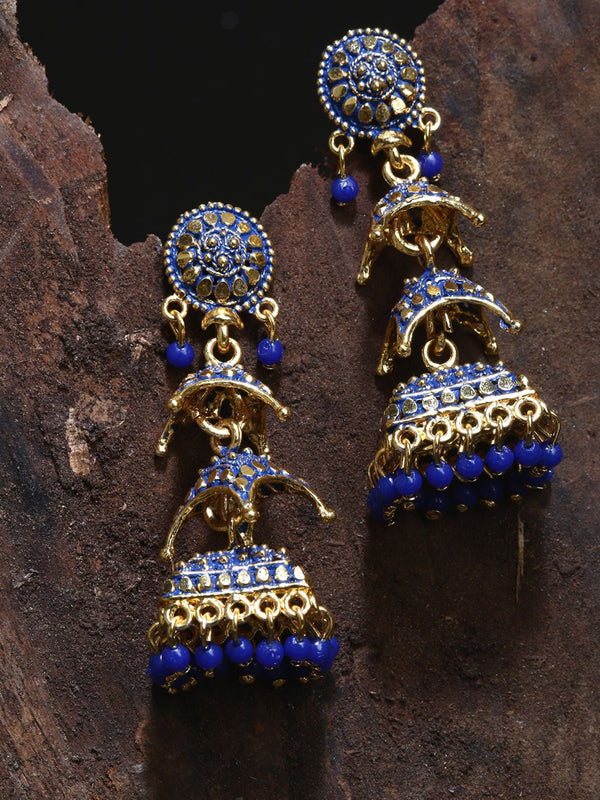 Women's Blue & Gold-Toned Dome Shaped Jhumkas - Anikas Creation