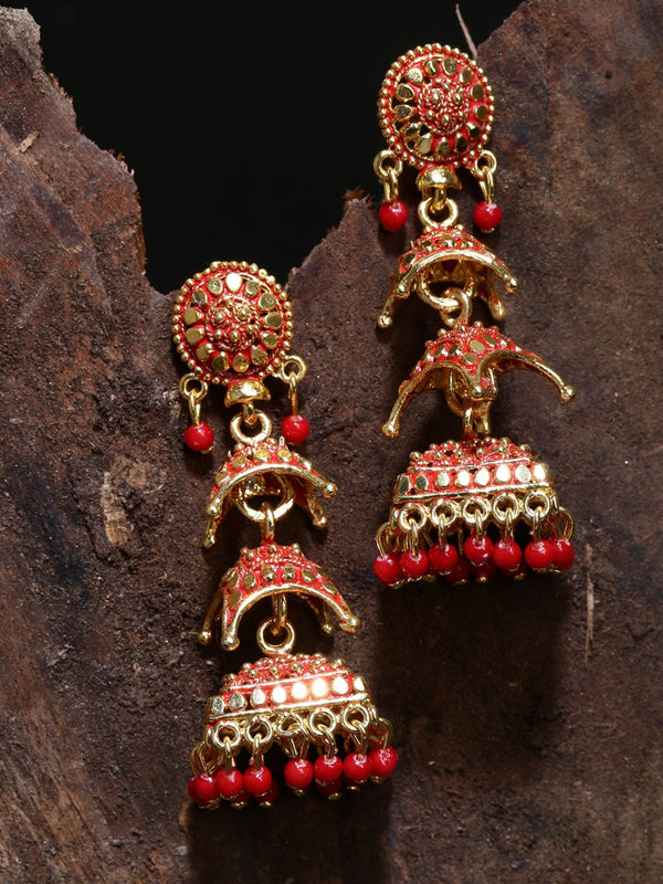 Women's Gold Plated Red Dome Shaped Enamelled Jhumkas - Anikas Creation