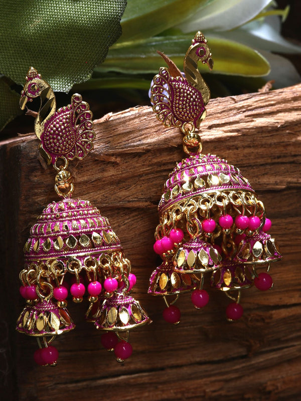 Women's Gold Plated & Pink Enamelled Dome Shaped Jhumkas - Anikas Creation