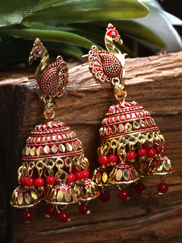 Women's Gold Plated & Red Enamelled Peacock Shaped Jhumkas - Anikas Creation