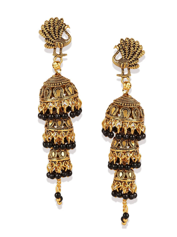 Women's Gold Plated & Black Peacock Shaped Enamelled Jhumkas - Anikas Creation