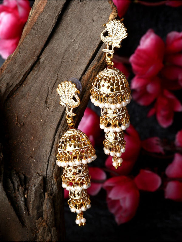 Women's Gold Plated & White Enamelled Peacock Shaped Jhumkas - Anikas Creation