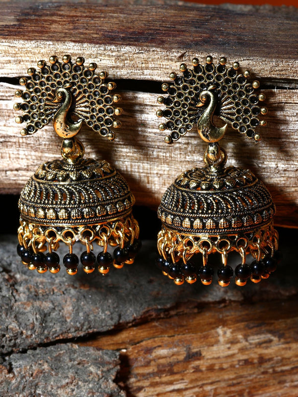 Women's Gold Plated & Black Peacock Shaped Enamelled Jhumkas - Anikas Creation