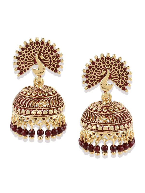 Women's Maroon & Gold-Plated Enamelled Dome Shaped Jhumkas - Anikas Creation