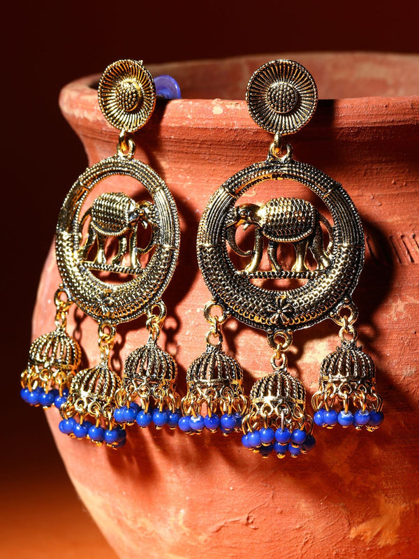 Women's Gold Plated & Blue Circular Drop Earrings - Anikas Creation