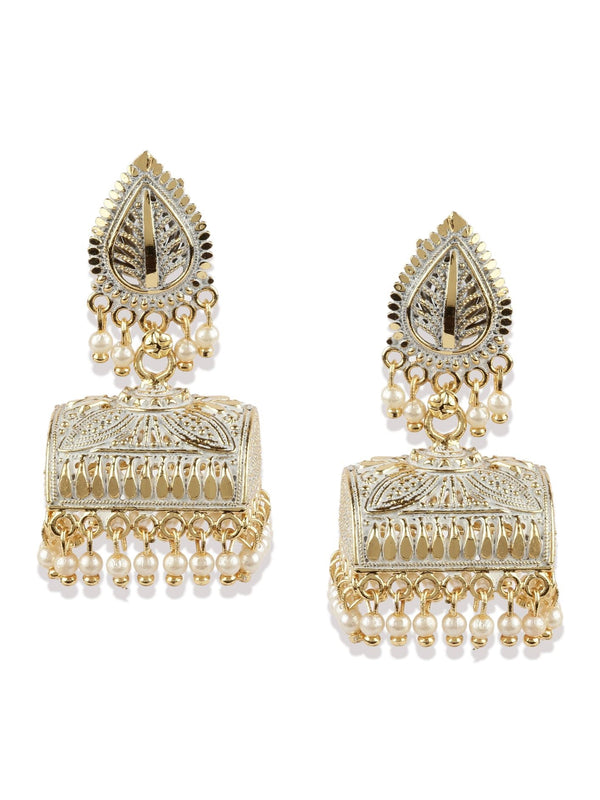 Women's Gold Plated White Leaf Shaped Enamelled Jhumkas - Anikas Creation