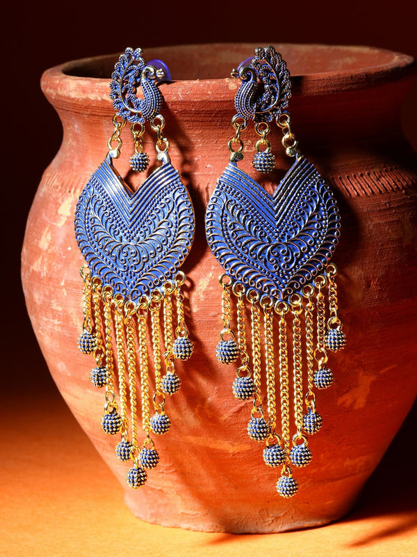 Women's Blue & Gold-Plated Enamelled Peacock Shaped Drop Earrings - Anikas Creation