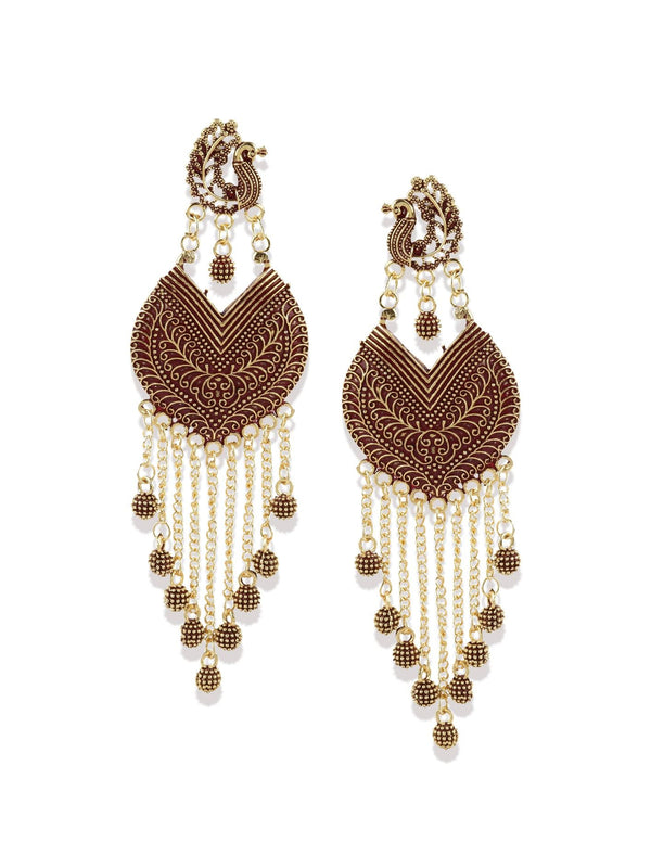 Women's Maroon & Gold-Plated Enamelled Peacock Shaped Drop Earrings - Anikas Creation