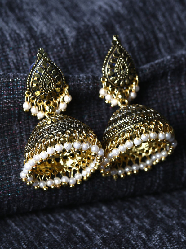 Women's Gold Plated & White Dome Shaped Enamelled Jhumkas - Anikas Creation