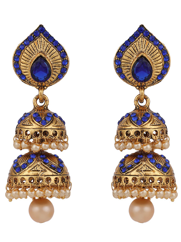 Women's Blue Stone Studded & Beaded 2 Floor Dome Shaped Jhumkas - Anikas Creation