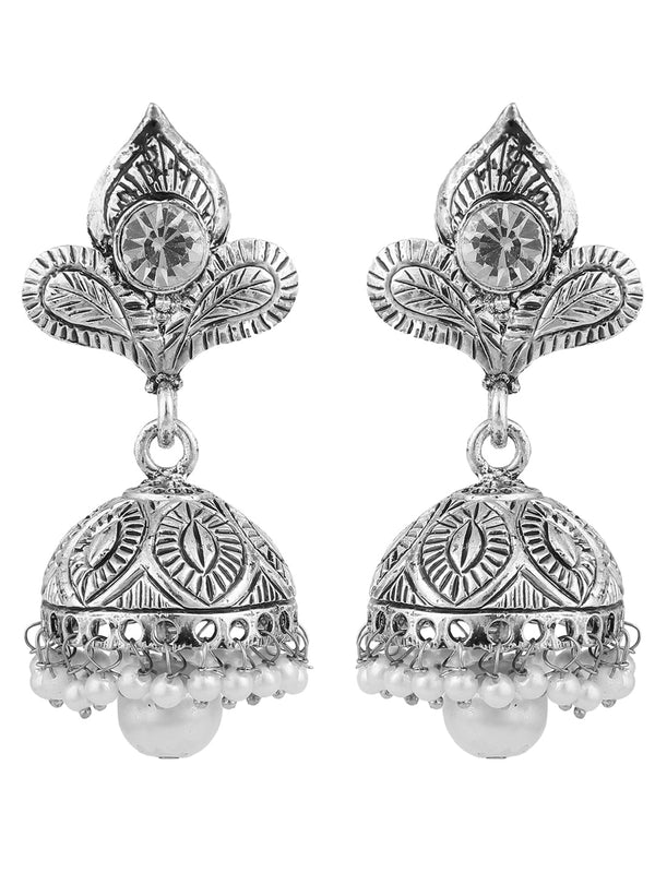 Women's Silver Plated Traditional Teardrop Shape Oxidised Stone Studded Jhumka Earring - Anikas Creation