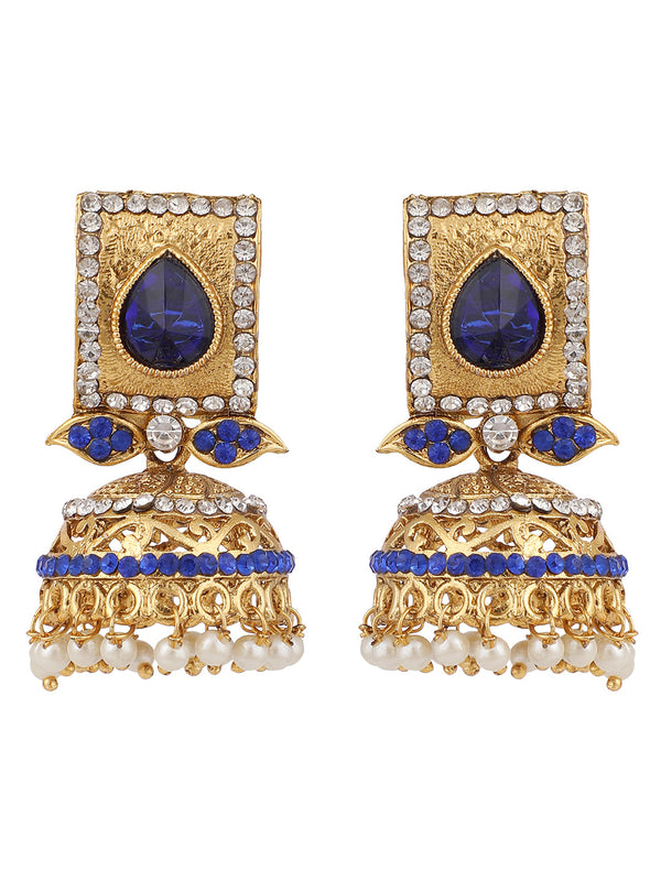 Women's Traditional Gold Plated Blue Stone Studded Classy Look Jhumka Earring - Anikas Creation