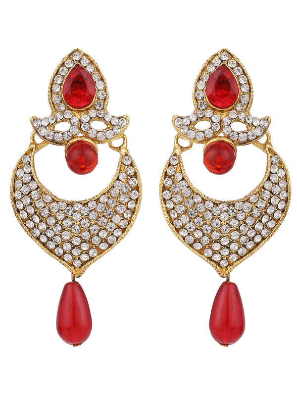 Women's Gold-Toned Red Stone & Pearl Studded Contemporary Chandbalis - Anikas Creation