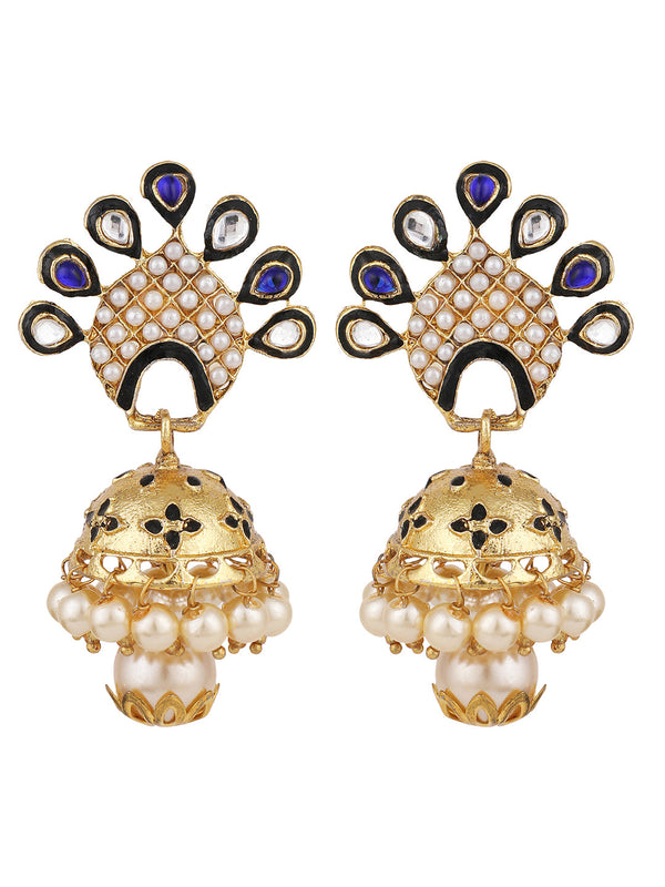 Women's Blue & White Stone Studded Peacock Shape Gold Plated Traditional Jhumka - Anikas Creation