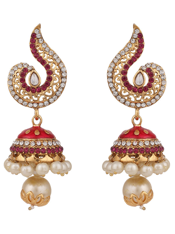 Women's Gold Plated Red & White Stone Studded Jhumka Earring - Anikas Creation