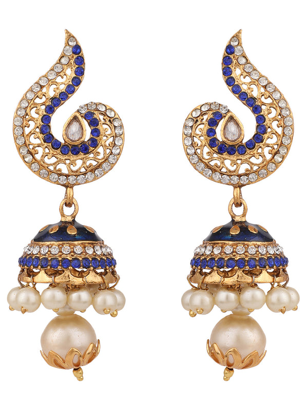 Women's Gold Plated Blue & White Stone Studded Jhumka Earring - Anikas Creation