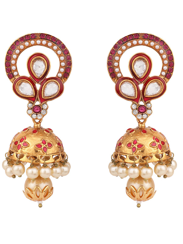 Women's Traditional Gold Plated Floral Shape Red & White Stone Brass Jhumka - Anikas Creation