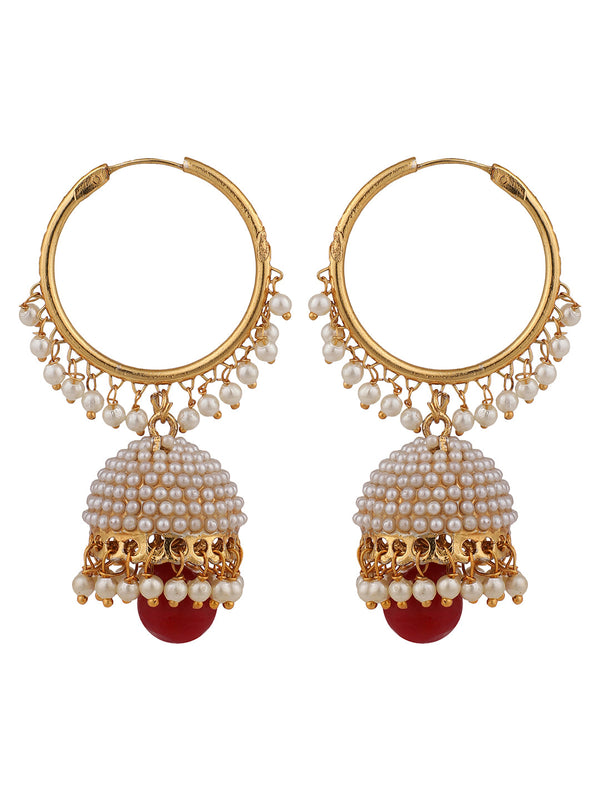 Women's Off-White Pearl Maroon Gold Plated Hoop with Jhumka Earring - Anikas Creation