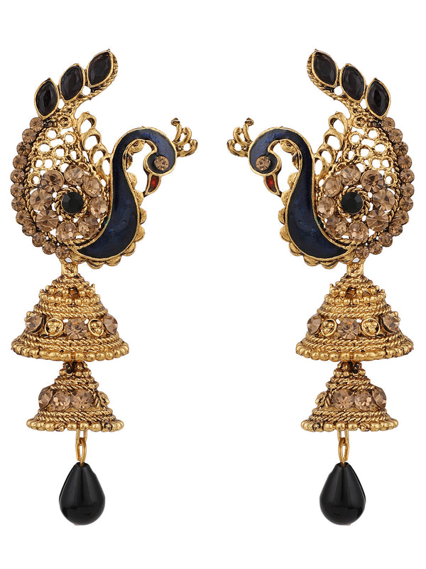 Women's Traditional Peacock Shape Blue Stone Studded 2 Floor Jhumka Earring - Anikas Creation