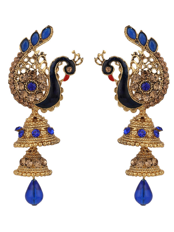 Women's Traditional Peacock Shape Blue Stone Studded 2 Floor Jhumka Earring - Anikas Creation