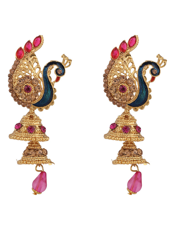 Women's Traditional Peacock Shape Pink Stone Studded 2 Floor Jhumka Earring - Anikas Creation