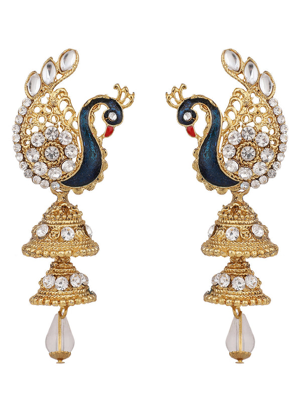 Women's Traditional Peacock Shape White Stone Studded 2 Floor Jhumka Earring - Anikas Creation