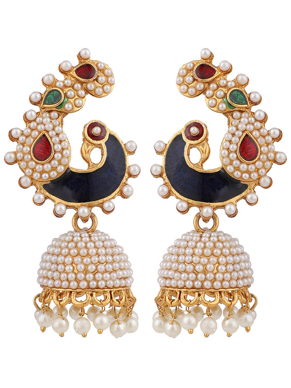 Women's Off-White Peacock Traditional Pearl and Meenakari Brass Jhumka Earring - Anikas Creation