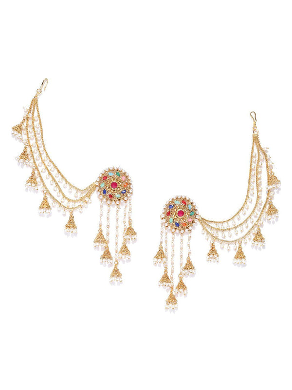 Women's Navratan 18K Gold-Plated Beaded Jhumkas Ear Chain - Priyaasi