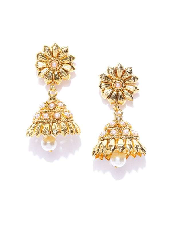 Women's Off-White 18K Gold-Plated Pearl Handcrafted Jhumkas with Ear Chain - Priyaasi