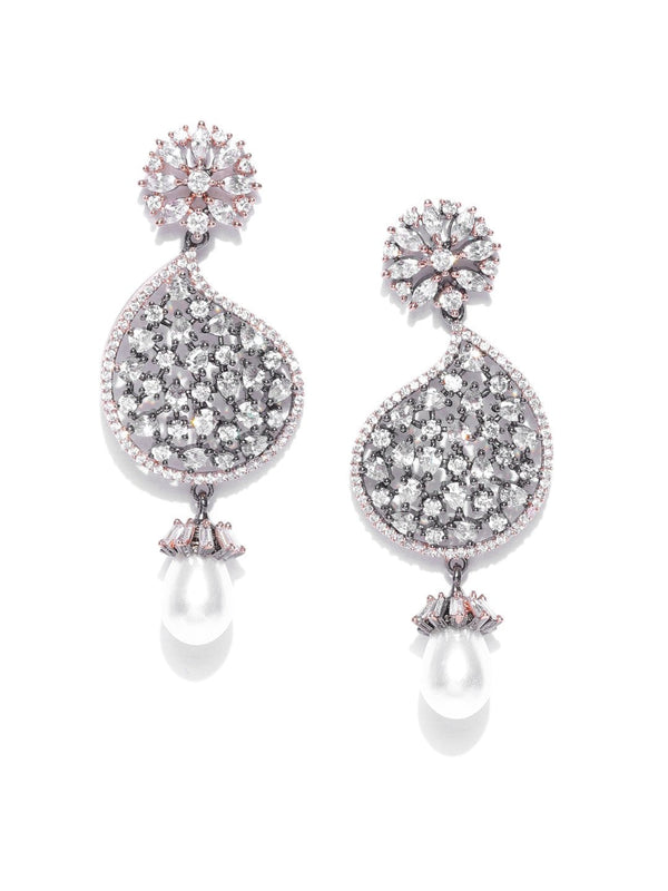 Women's Stylish Tear Drop Shaped Stone Studded Earring With Pearl Drop For Women And Girls - Priyaasi