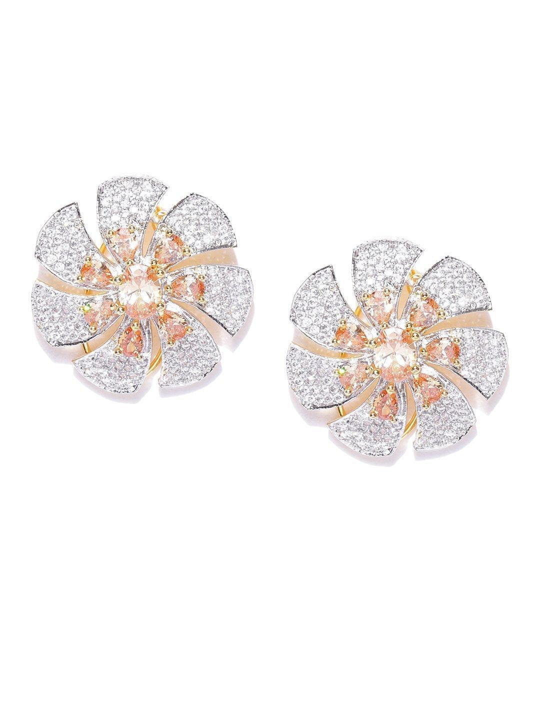 Women's Sparkling Floral Shaped Two Tone American Diamond Stud Earring For Women And Girls - Priyaasi - Indiakreations