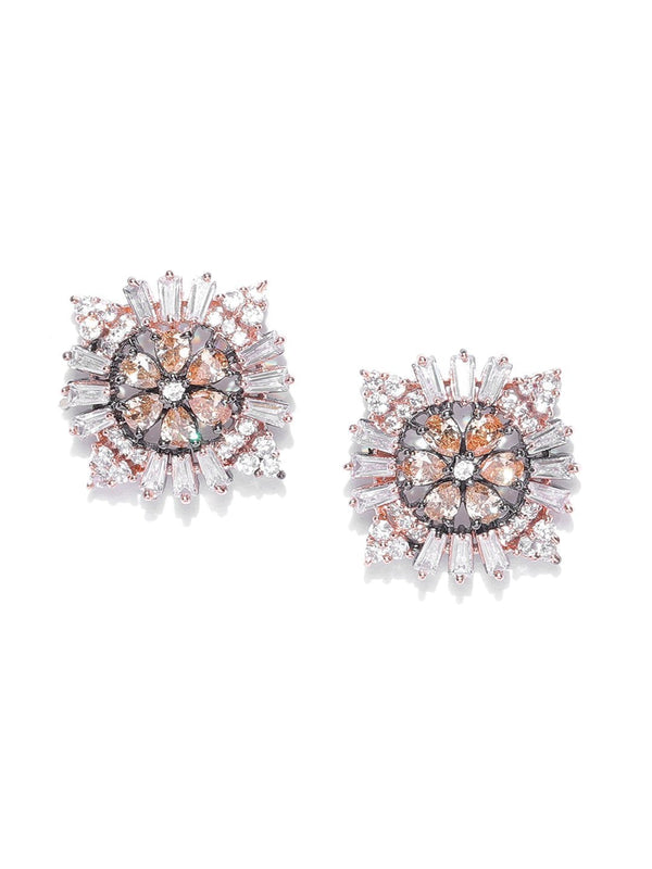 Women's Stylish Rose Gold American Diamond Floral Shaped Stud Earring - Priyaasi