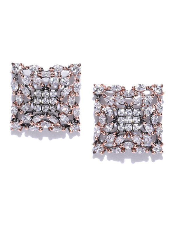 Women's Sparkling Rose Gold Plated Geometric Shaped American Diamond Stud Earring - Priyaasi