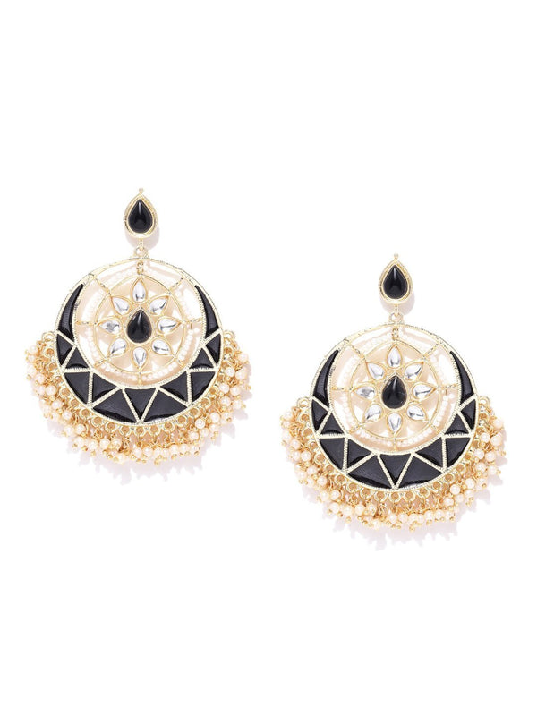 Women's Gold-Plated Kundan Studded Floral Patterned, Meenakari Chandbali Earrings in Black Color with Pearls Drop - Priyaasi