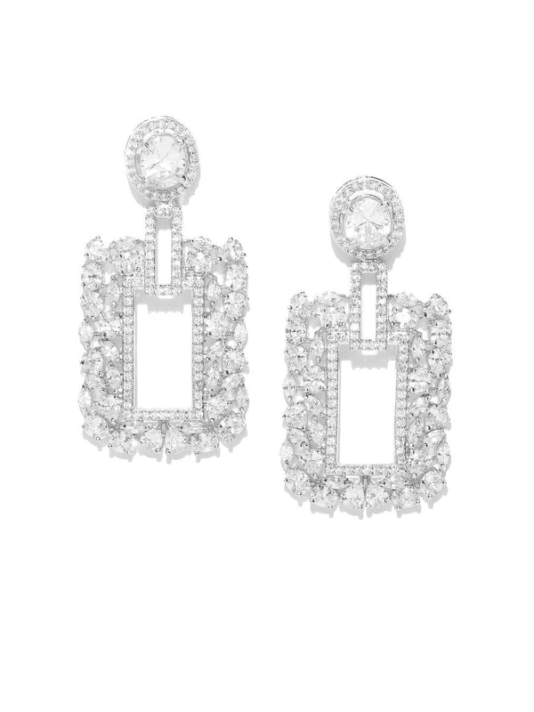 Women's Rhodium-Plated American Diamond Studded Drop Earrings - Priyaasi