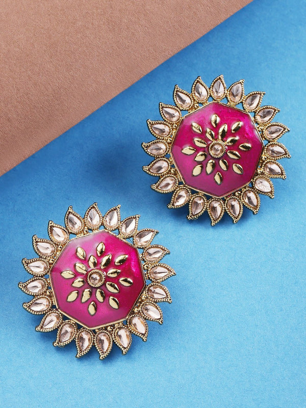 Women's Finely Detailed Gold And Magenta Big Size Stud Earring For Women And Girls - Priyaasi