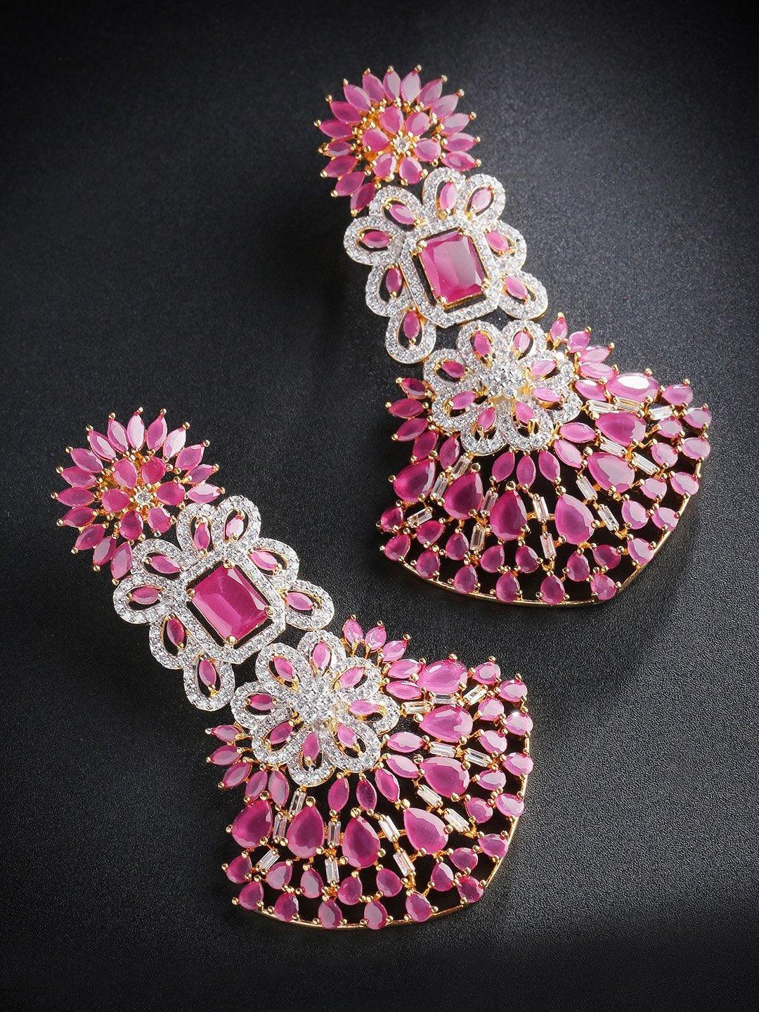 Women's Gold-Plated American Diamond And Ruby Studded Floral Patterned Drop Earrings in Pink and White Color - Priyaasi - Indiakreations