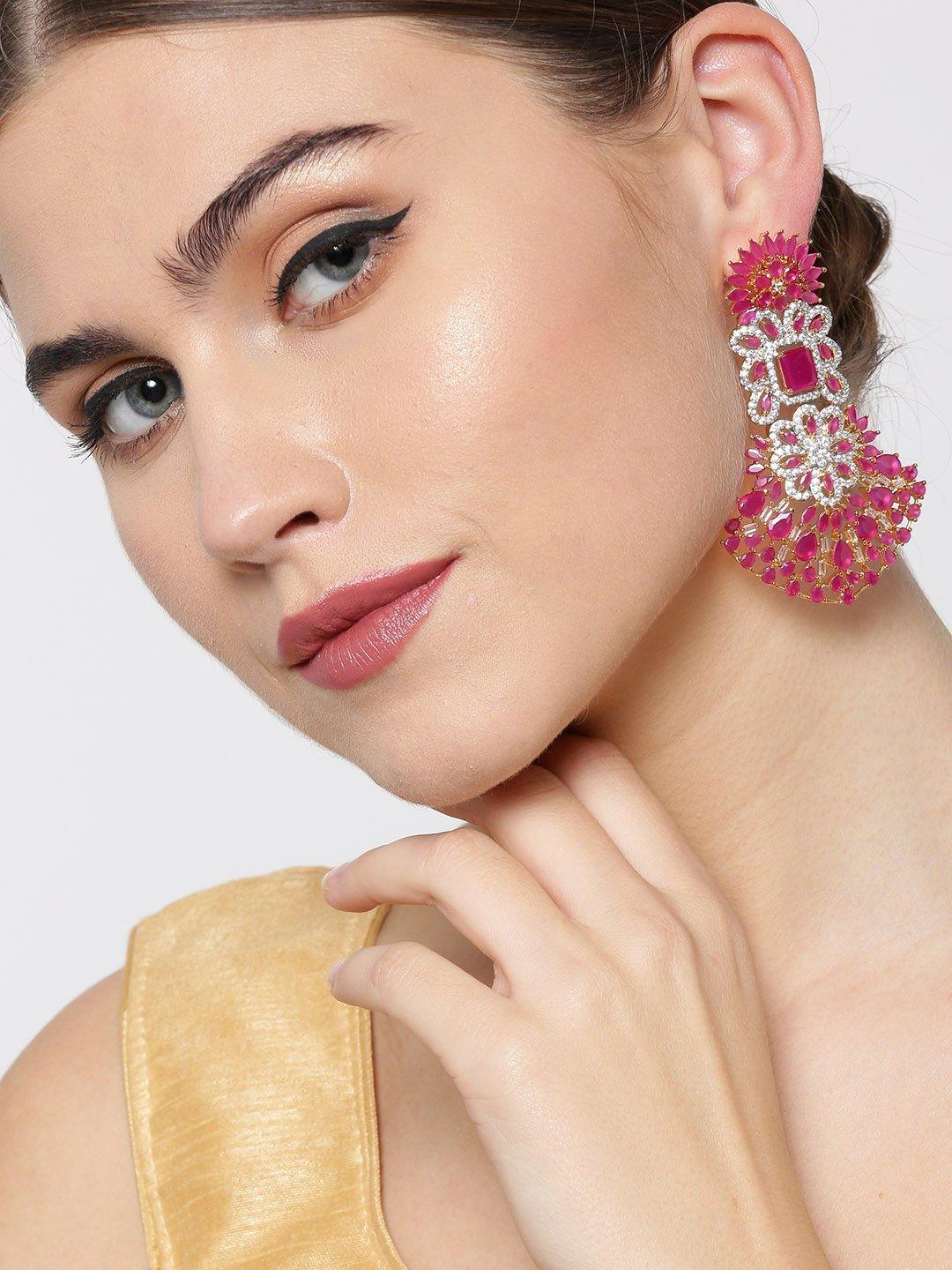 Women's Gold-Plated American Diamond And Ruby Studded Floral Patterned Drop Earrings in Pink and White Color - Priyaasi - Indiakreations