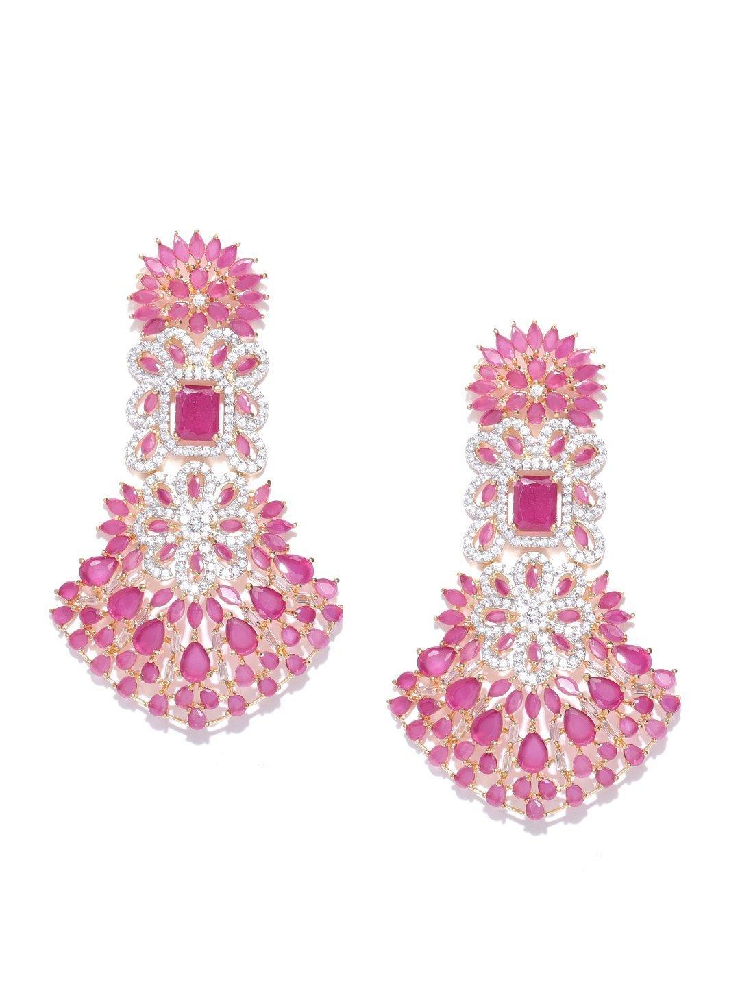 Women's Gold-Plated American Diamond And Ruby Studded Floral Patterned Drop Earrings in Pink and White Color - Priyaasi - Indiakreations