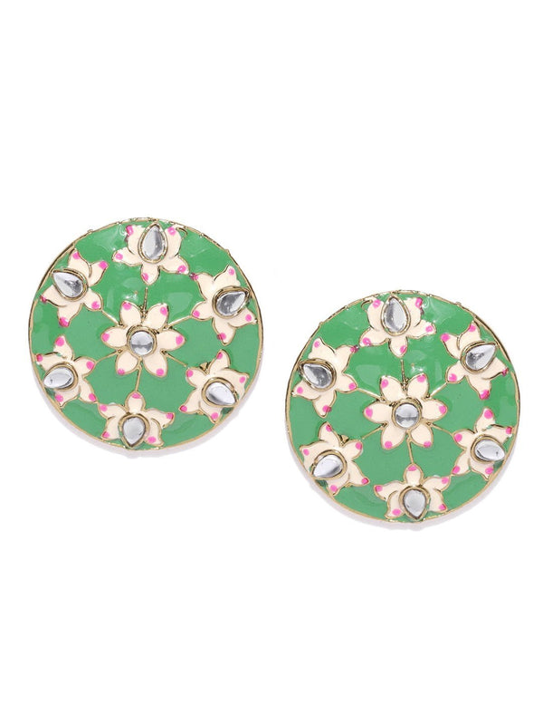 Women's Hand Painted Round Green Colour Floran Stud Earring For Women And Girls - Priyaasi