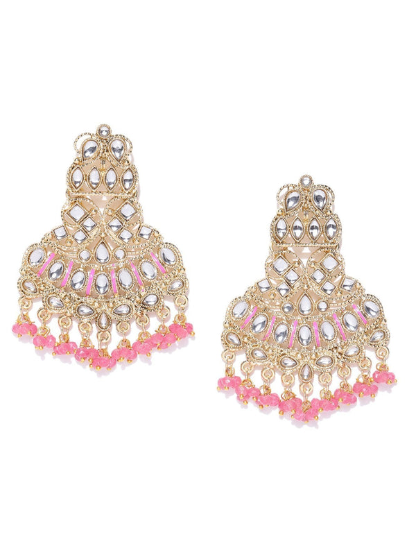 Women's Designer Gold Plated Kundan Earrings With Pink Beads For Women And Girls - Priyaasi