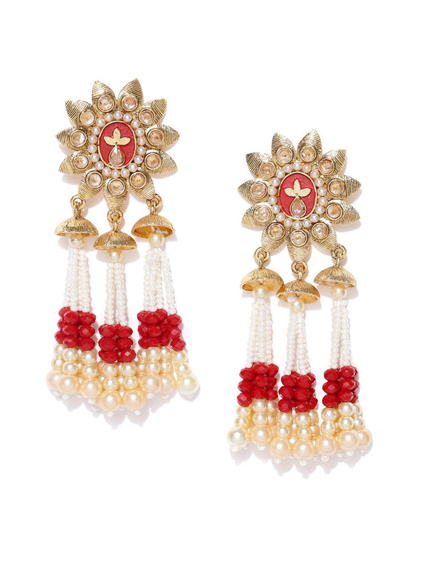 Women's Floral Gold Plated Maroon Drop Earrings With Hanging Beads And Pearls For Women - Priyaasi